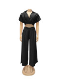 Women Casual Holidays Summer Turndown Collar Short Top & High-Waist Wide-Leg Pants Set
