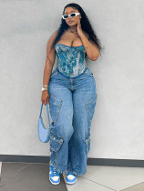 Fashion Light Blue Multi-Pocket Loose Denim Pants