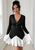 Chic Ruffle Contrast Patchwork Long-Sleeve Autumn Dress