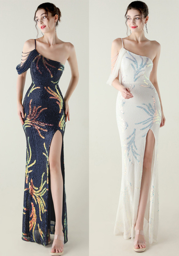 Sequin Mesh Off-Shoulder High Slit Fishtail Party Dress
