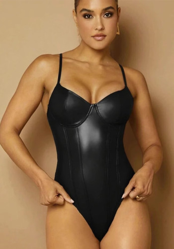 Sexy PU Strap Bodysuit Slim Waist Fitness Wear