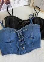 Summer Casual Bow-Tie Denim Crop Top Summer Casual Bow-Tie Denim Crop Top