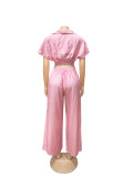 Women Casual Holidays Summer Turndown Collar Short Top & High-Waist Wide-Leg Pants Set