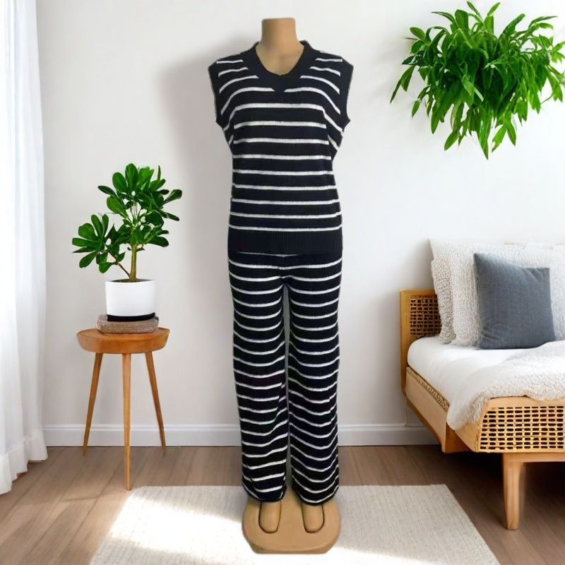 Early Autumn Striped V-Neck Loose Knit Two Piece Pants Set