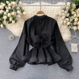 Long Sleeves Slim Waist Ruffled Blouse