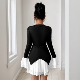 Chic Ruffle Contrast Patchwork Long-Sleeve Autumn Dress
