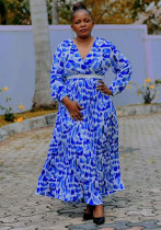 African Women Printed V-Neck Long Sleeve Maxi Dress with Belt