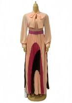 Plus Size African Women Lace-Up Long Sleeve Color Block Pleated Elegant Dress