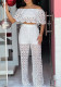 Women White Hollow Lace Blouse + Side Lace-Up Straight Pants Two-Piece Set