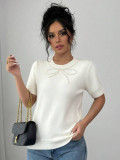 Women Solid Bow Beaded Top Short Sleeve T-shirt