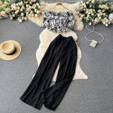 Women French Off Shoulder Ruffled Floral Blouse and Wide Leg Pants Two-Piece Set