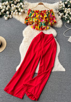 Women French Off Shoulder Ruffled Floral Blouse and Wide Leg Pants Two-Piece Set