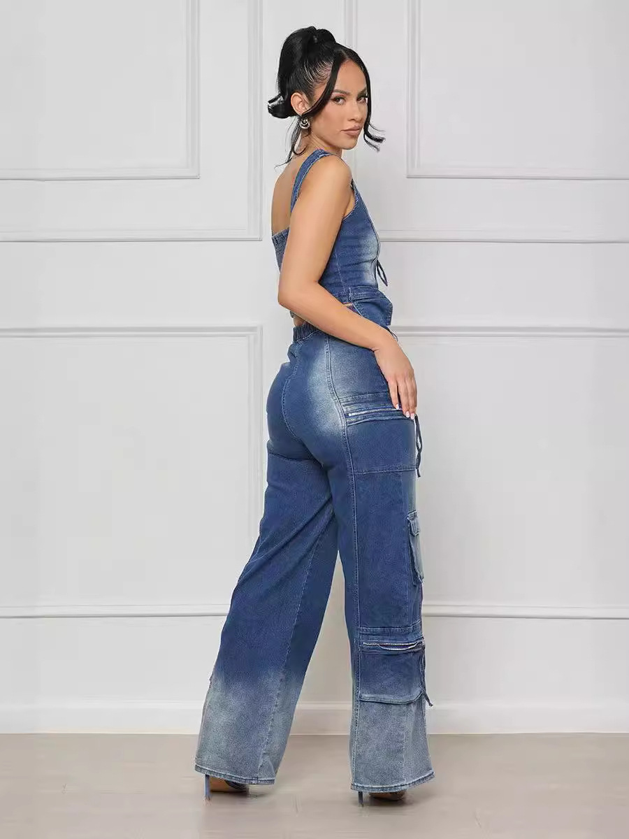 Women Casual Retro Vest and Multi-Pocket Wide Leg Pants Two-piece Set