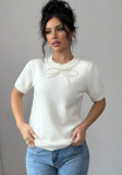Women Solid Bow Beaded Top Short Sleeve T-shirt