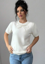 Women Solid Bow Beaded Top Short Sleeve T-shirt