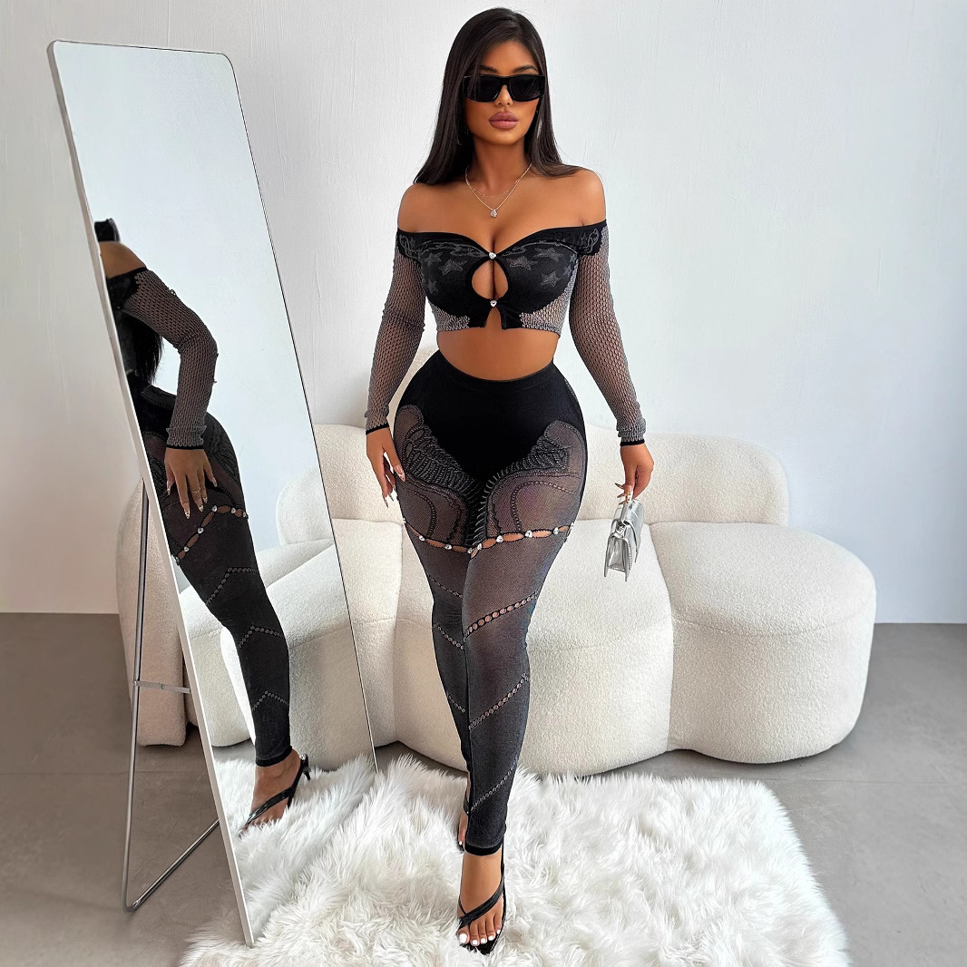 Women Fall Long Sleeve Crop Top Sexy Hollow Pants Two-Piece Set