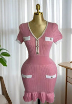 Women elegant v-neck fishtail knitting dress