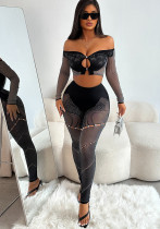Women Fall Long Sleeve Crop Top Sexy Hollow Pants Two-Piece Set Women Fall Long Sleeve Crop Top Sexy Hollow Pants Two-Piece Set