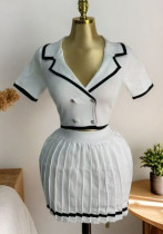 Women American summer short-sleeved knitting T-shirt and pleated skirt two-piece set