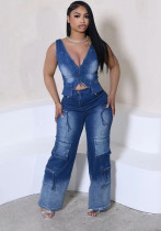 Women Casual Retro Vest and Multi-Pocket Wide Leg Pants Two-piece Set