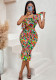 Women Sexy Slash Shoulder Printed Crop Top Bodycon Skirt Two-Piece Set
