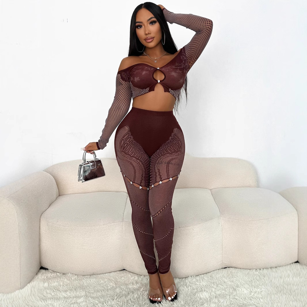 Women Fall Long Sleeve Crop Top Sexy Hollow Pants Two-Piece Set