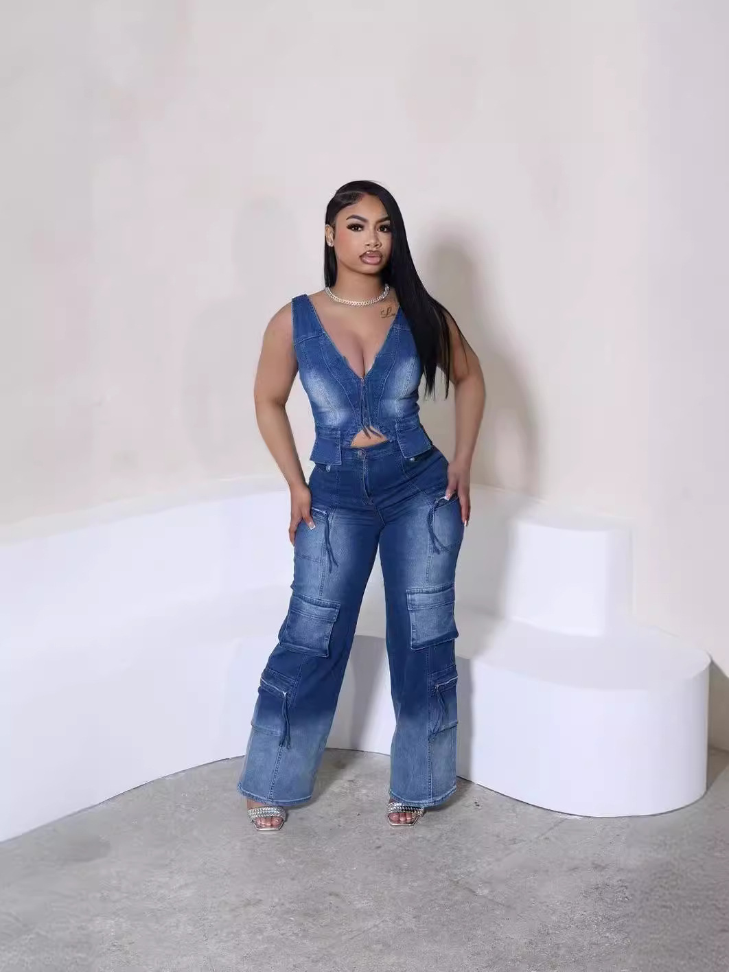 Women Casual Retro Vest and Multi-Pocket Wide Leg Pants Two-piece Set