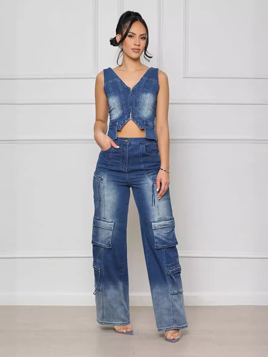 Women Casual Retro Vest and Multi-Pocket Wide Leg Pants Two-piece Set
