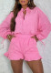 Women Rose Neck Lace-Up Puff Sleeve Top and Ruffle Edge Shorts Two-Piece Set