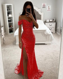 Women Sequin Off Shoulder Slit Dress