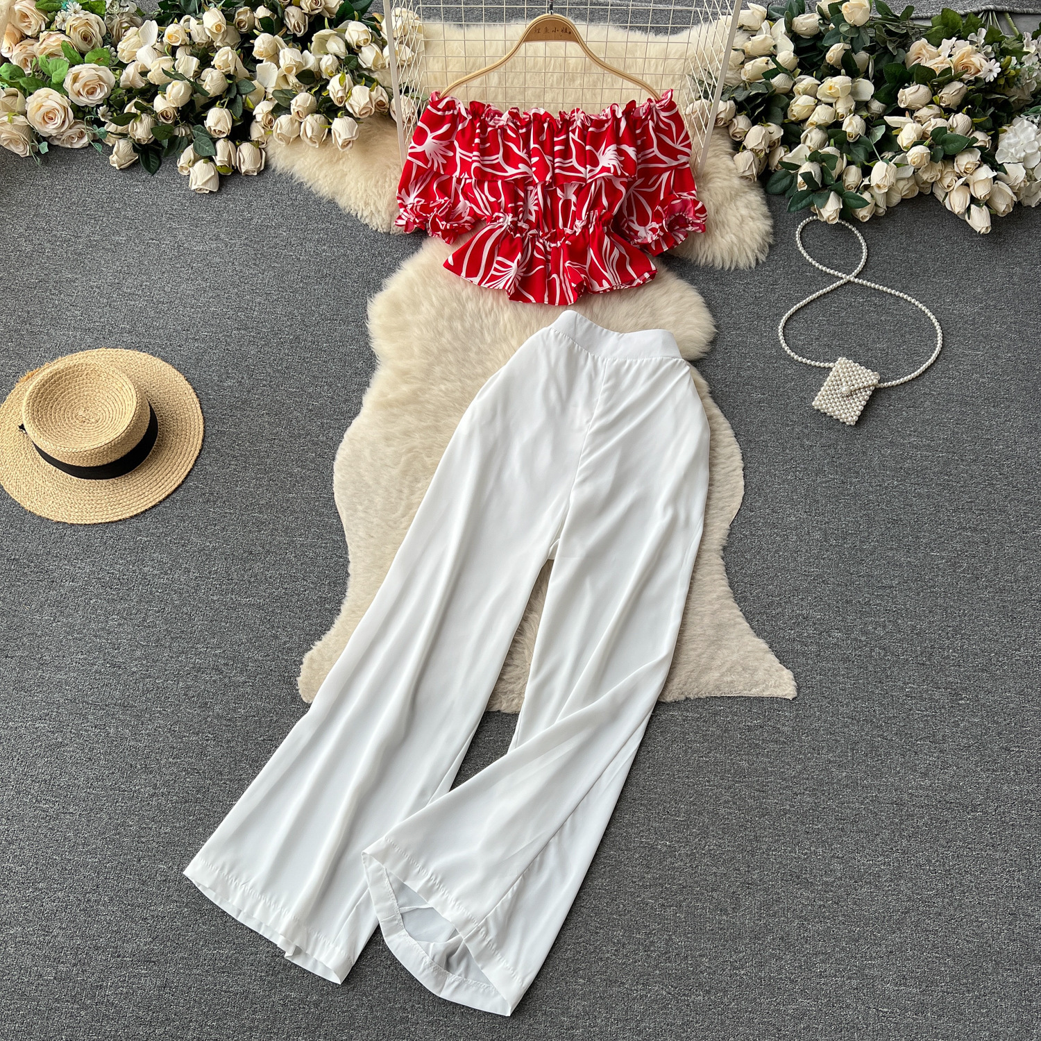 Women French Off Shoulder Ruffled Floral Blouse and Wide Leg Pants Two-Piece Set