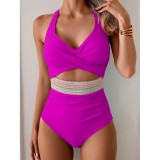 High-Waist Patchwork Lace-Up V-Cross Sexy One Piece Swimsuit