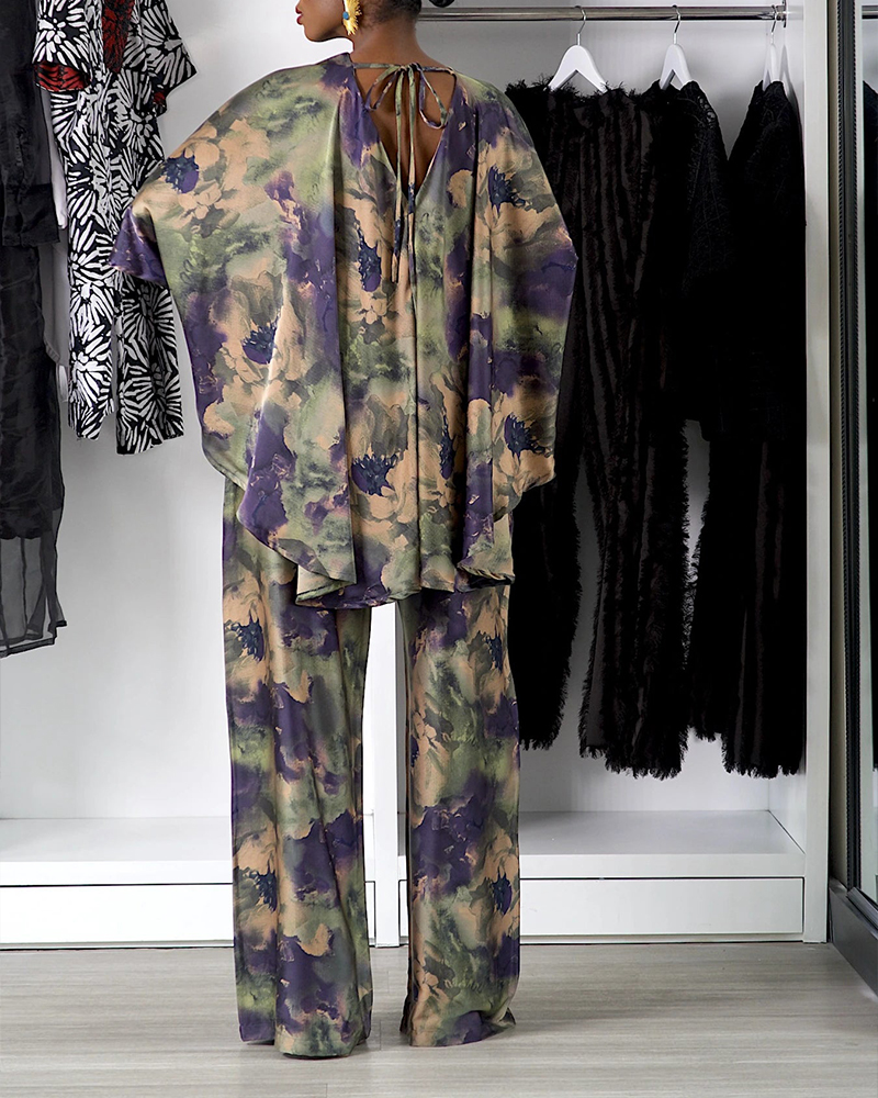 Women Smudge Print Waist Tie Top and Long Pants Two-Piece Set