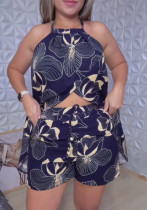 Women's Floral Print Halter Neck Slit Top + Elastic Waist Shorts Set