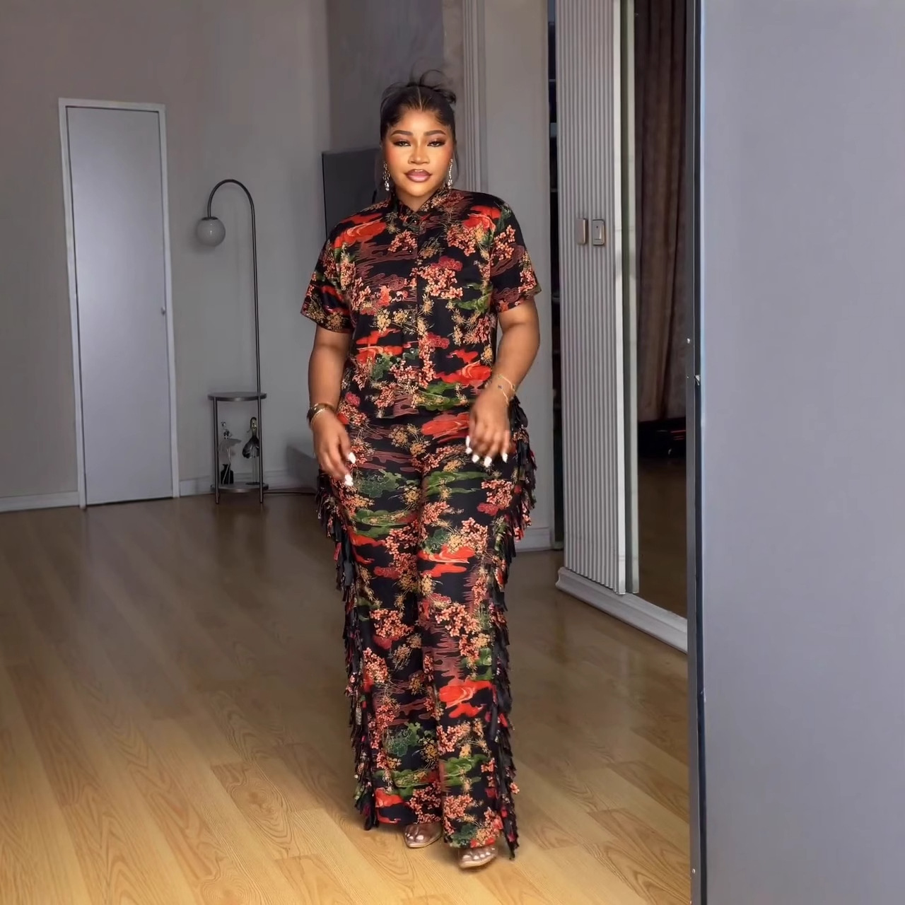 Elegant Career Casual Turn-Down Collar Printed Short-Sleeve Two-Piece Pants Set