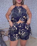Women's Floral Print Halter Neck Slit Top + Elastic Waist Shorts Set