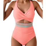 High-Waist Patchwork Lace-Up V-Cross Sexy One Piece Swimsuit