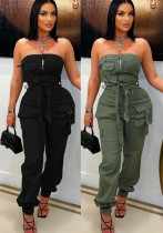 Casual Career Solid Color Multi-Pocket Strapless Cargo Jumpsuit Casual Career Solid Color Multi-Pocket Strapless Cargo Jumpsuit