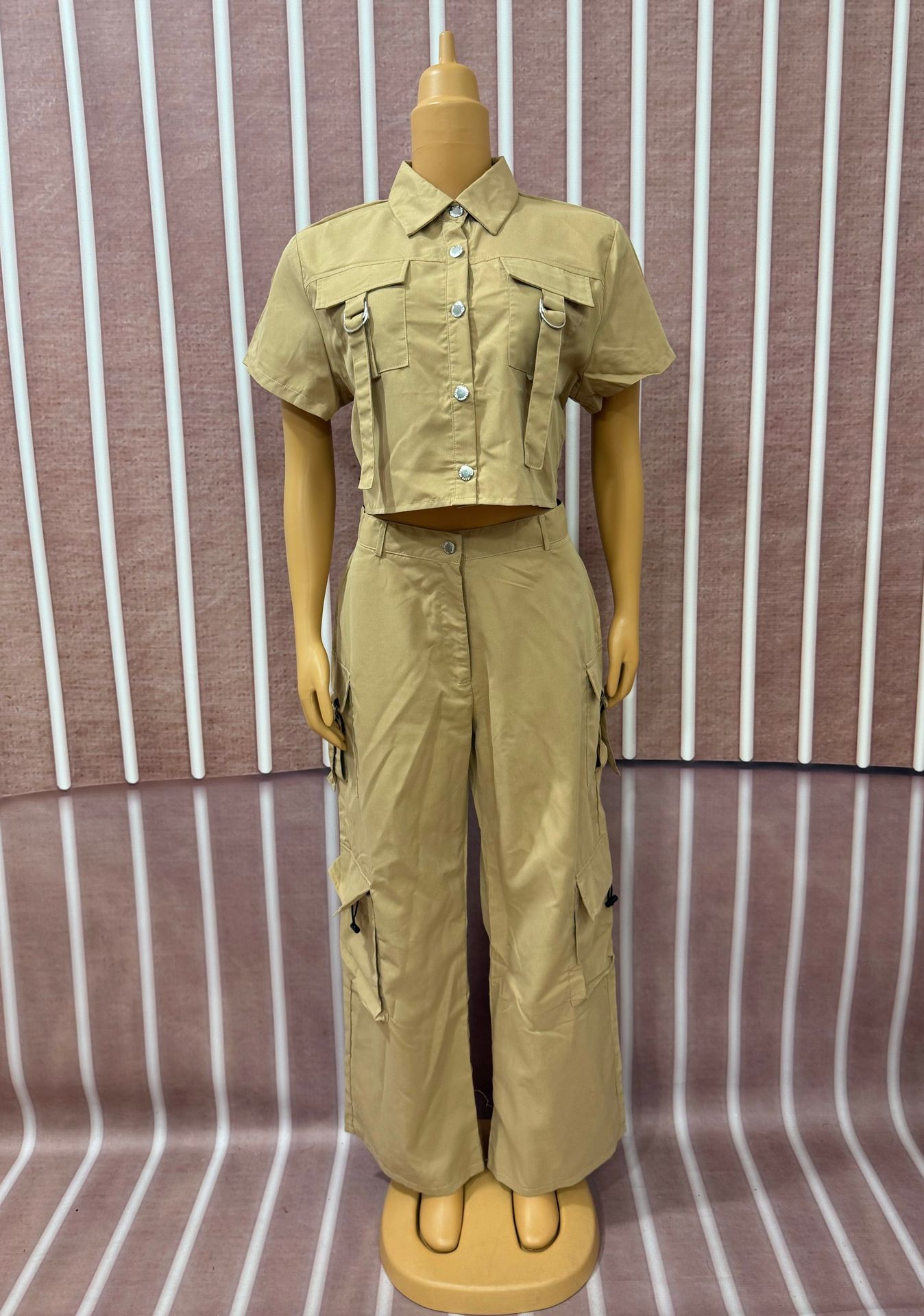 Women Ribbon Short Sleeve Top and Cargo Pants Two-Piece Set