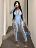 Spring Long-Sleeve Hollow Out Knit Jumpsuit