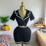 Women American summer short-sleeved knitting T-shirt and pleated skirt two-piece set