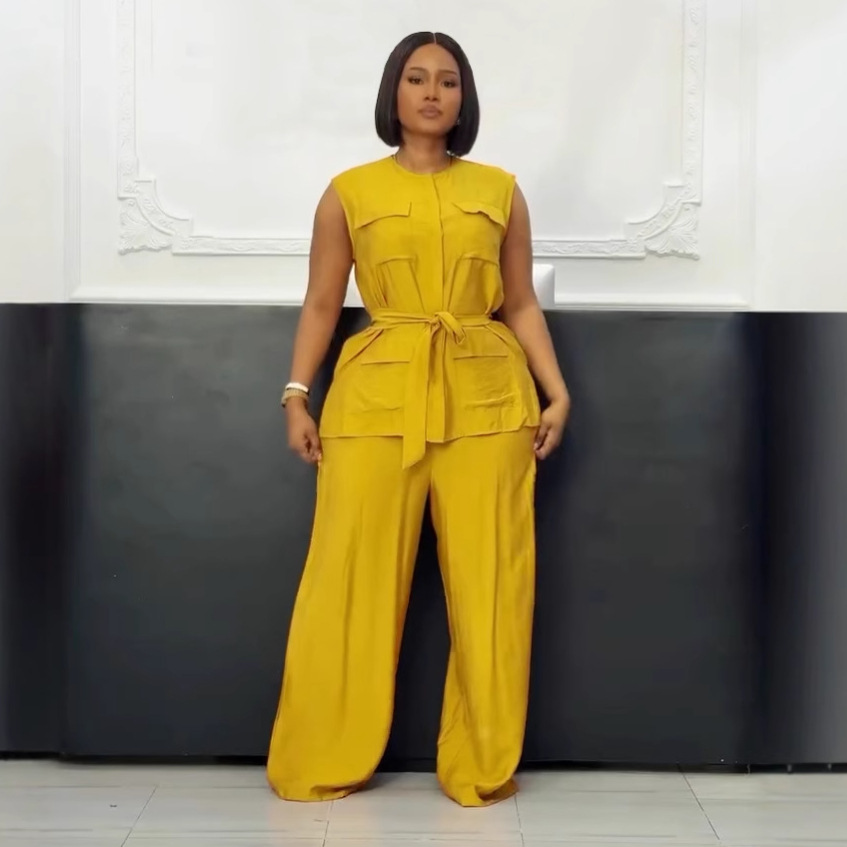 Career Casual Round Neck Lace-Up Sleeveless Vest & Wide-Leg Pants Set