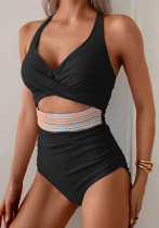 High-Waist Patchwork Lace-Up V-Cross Sexy One Piece Swimsuit