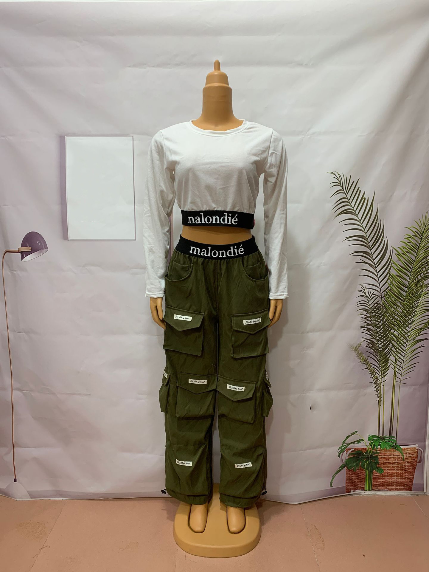 Women Casual Printed Long Sleeve T-Shirt and Cargo Pants Two-Piece Set