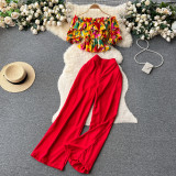 Women French Off Shoulder Ruffled Floral Blouse and Wide Leg Pants Two-Piece Set