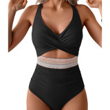 High-Waist Patchwork Lace-Up V-Cross Sexy One Piece Swimsuit