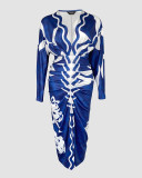 Fashion Tropical Leaf Print V-Neck Slim Waist Slit Long Sleeve Dress