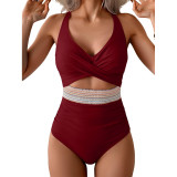 High-Waist Patchwork Lace-Up V-Cross Sexy One Piece Swimsuit