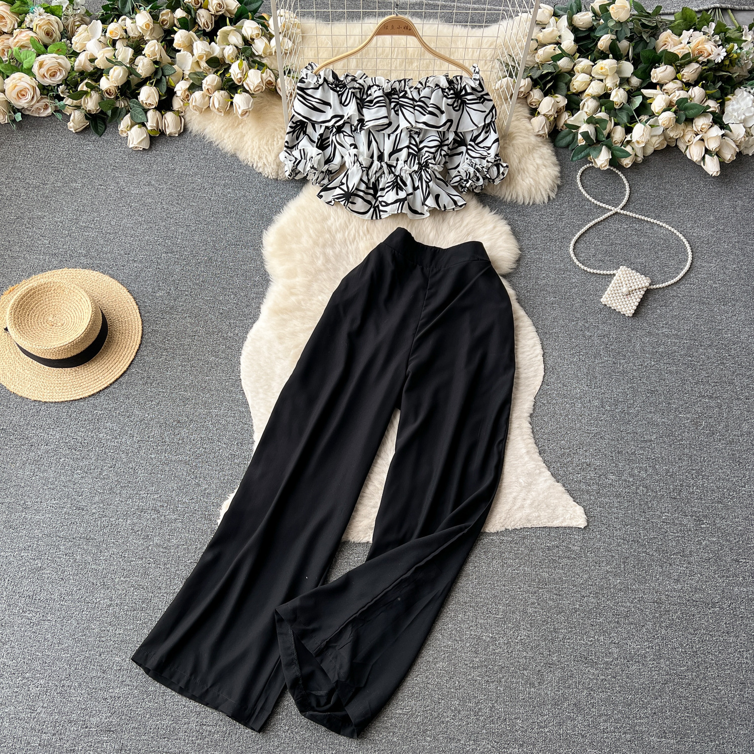 Women French Off Shoulder Ruffled Floral Blouse and Wide Leg Pants Two-Piece Set