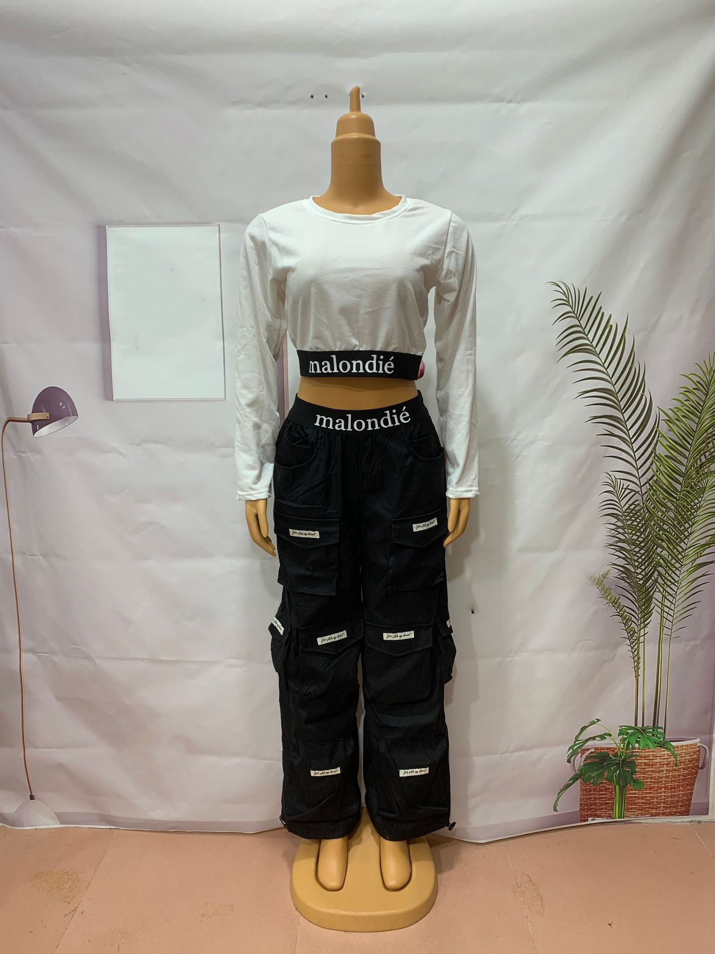 Women Casual Printed Long Sleeve T-Shirt and Cargo Pants Two-Piece Set